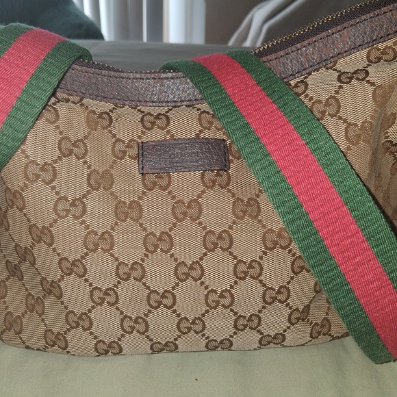 Gucci Handbags - Gucci Monogram Canvas Bag with Green and Red Strap